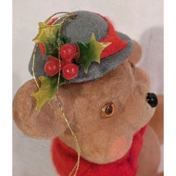 2 Flocked Bears Christmas Ornaments Kitschy Fuzzy Anthropomorphic Teddy Set Vtg - Picture 10 of 12